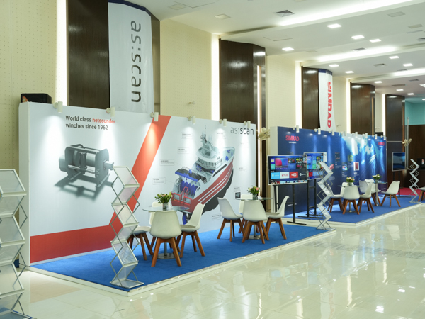 AS SCAN exhibition booth at the Modern Fishing Equipment Seminar & Exhibition 2025 in Bangladesh, presenting net sounder winch solutions and marine equipment.