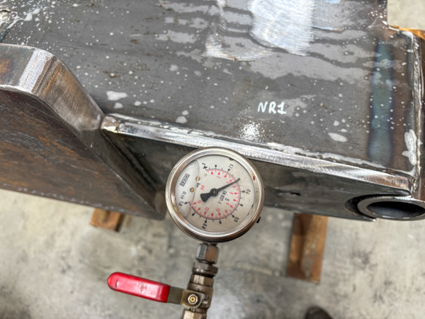 Pressure gauge used during the rudder pressure test.